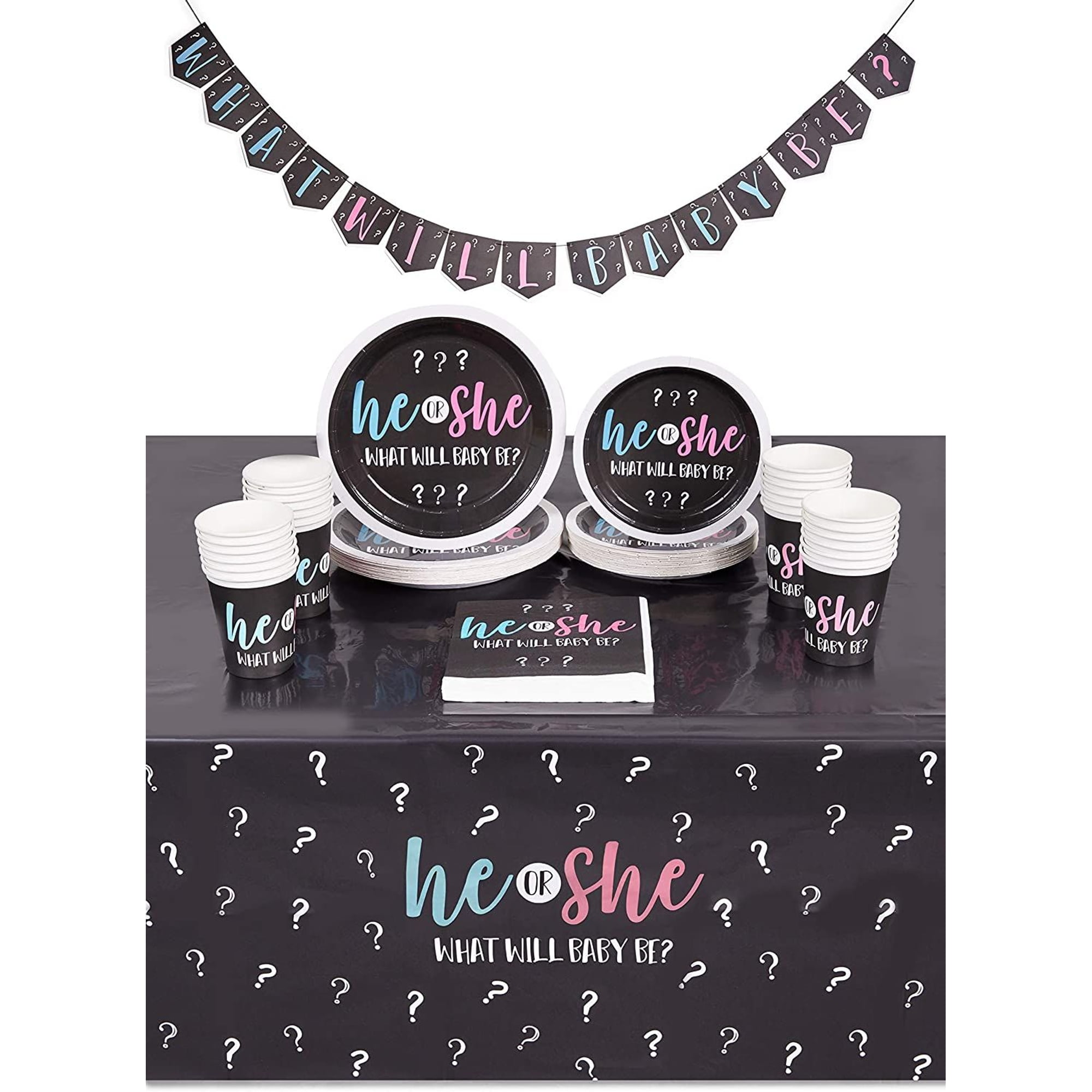 SPARKLE AND BASH Gender Reveal Party Pack, Dinnerware, Banner, Tablecloth, He or She (Serves 24, 99 Pieces)