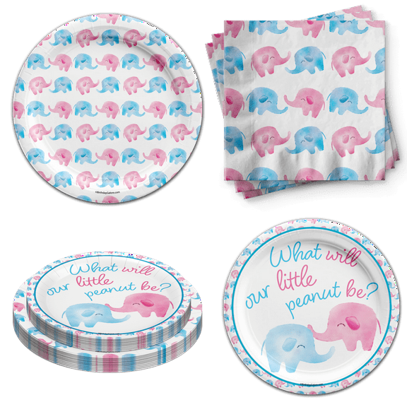 Gender Reveal Party Supplies - Gender Reveal Plates - What Will the Little Peanut Be? - Elephant Baby Shower Tableware Set Includes Plates Napkins | Kit for 24
