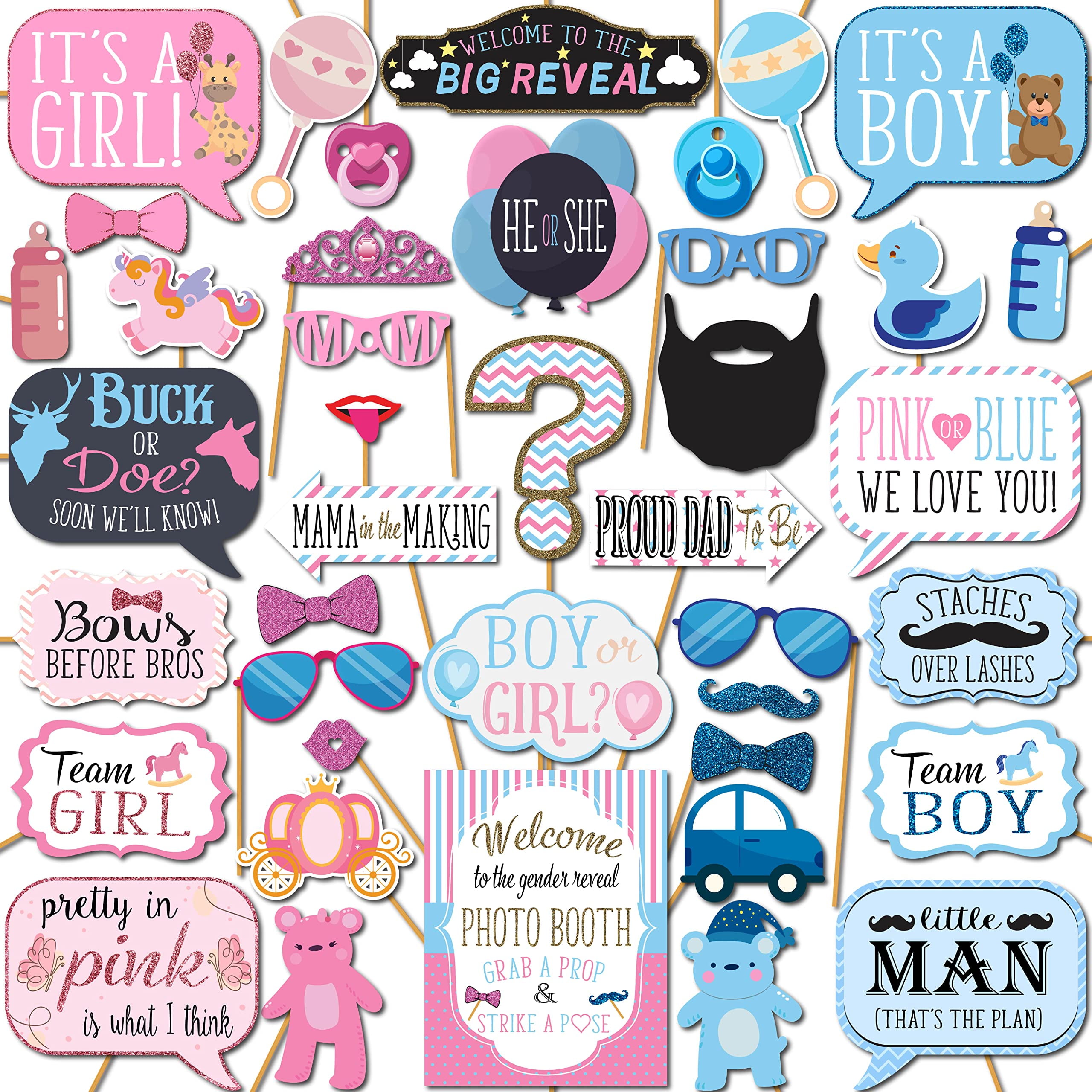 Gender Reveal Photo Booth Props 41pc Photobooth Kit with 8 x 10Inch