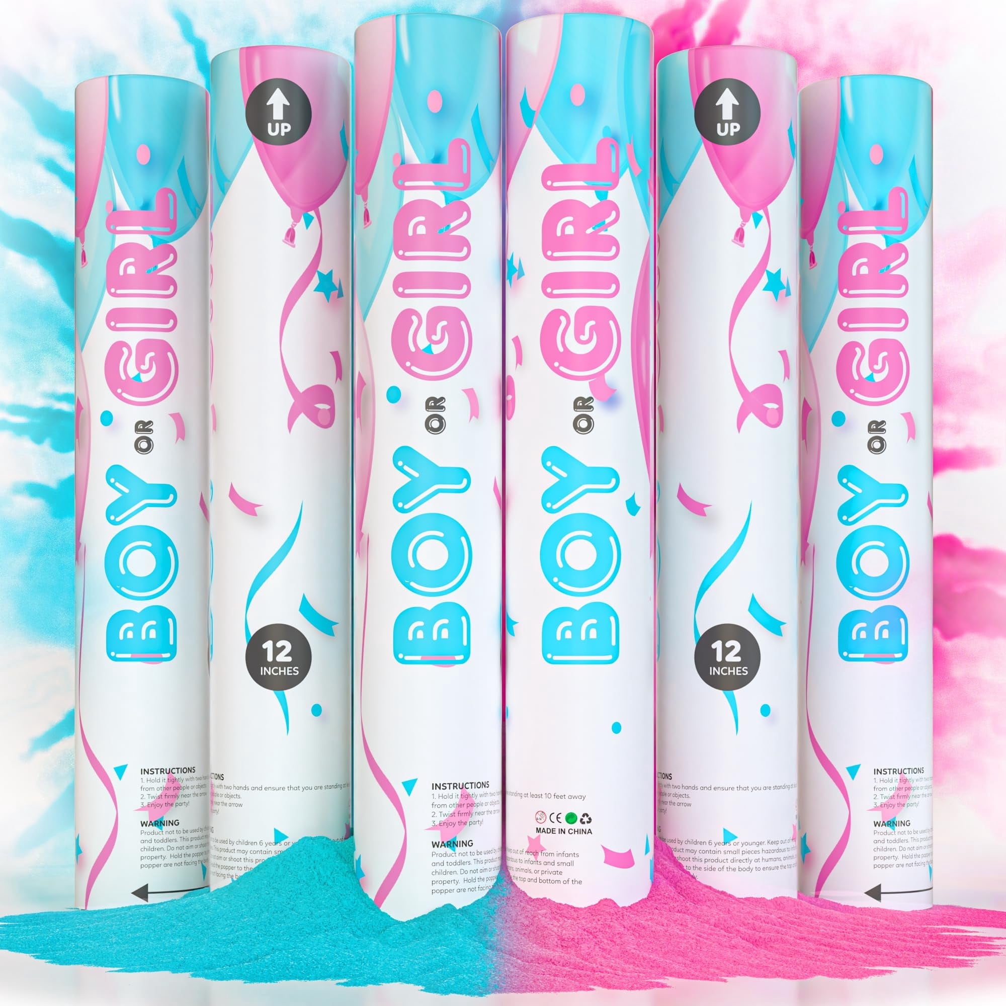 Powder Popper Blue Gender Reveal Powder Poppers | 3 Pink & 3 Blue | Biodegradable Party ...