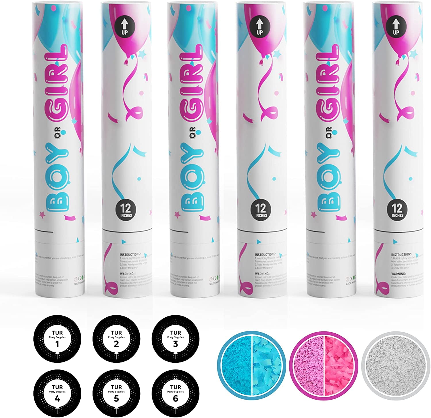 Gender Reveal Roulette Game Kit Blue, Pink & White Confetti Poppers