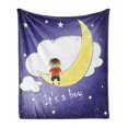 thumbnail image 1 of Gender Reveal Soft Flannel Fleece Blanket, Boy Sitting on the Moon Cloud Sky Childhood Greeting Concept Print, Cozy Plush for Indoor and Outdoor Use, 50" x 60", Indigo Yellow White, by Ambesonne, 1 of 6