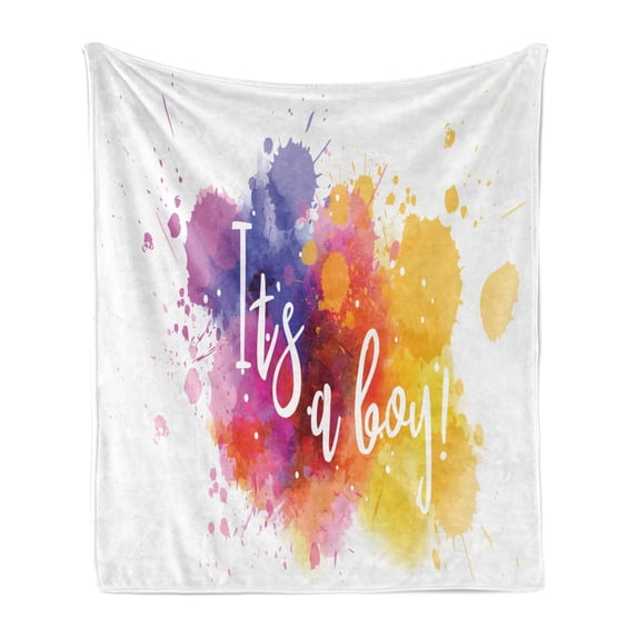 Gender Reveal Soft Flannel Fleece Blanket, Watercolor Paint Stains and Drops Its a Boy Calligraphy Colorful Illustration, Cozy Plush for Indoor and Outdoor Use, 50" x 70", Multicolor, by Ambesonne