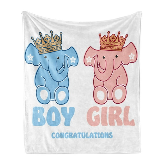 Gender Reveal Soft Flannel Fleece Throw Blanket, Boy and Girl Twins Elephants with Royal Crowns, Cozy Plush for Indoor and Outdoor Use, 60" x 80", Blush Blue, by Ambesonne