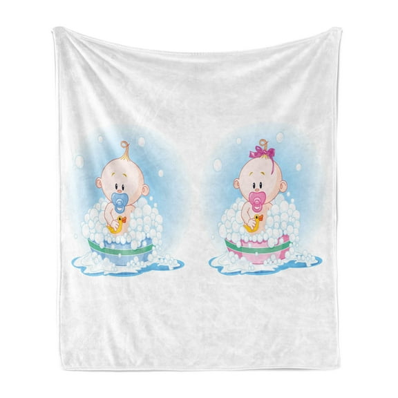 Gender Reveal Soft Flannel Fleece Throw Blanket, Girl and Boy Babies in Bath with Bubbles Duck Toddler Picture Print, Cozy Plush for Indoor and Outdoor Use, 60" x 80", Multicolor, by Ambesonne