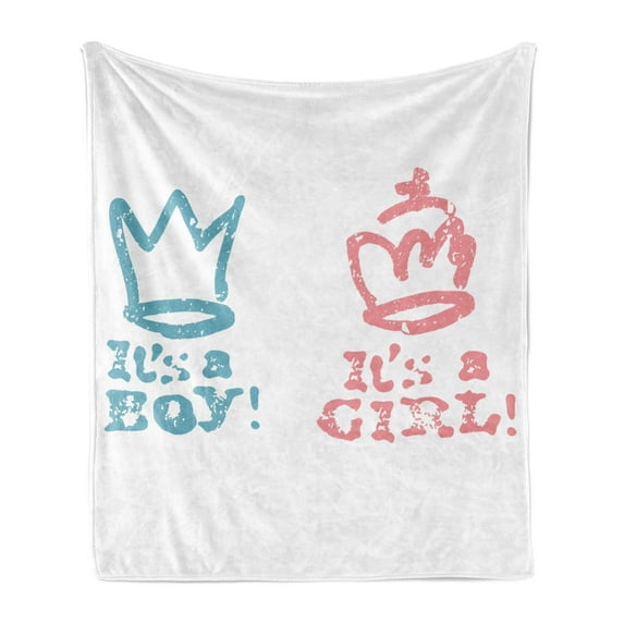Gender Reveal Soft Flannel Fleece Throw Blanket, Girl Queen Boy King Crown in Pastel Colors Children Kids Theme, Cozy Plush for Indoor and Outdoor Use, 50" x 60", Pale Pink and Blue, by Ambesonne