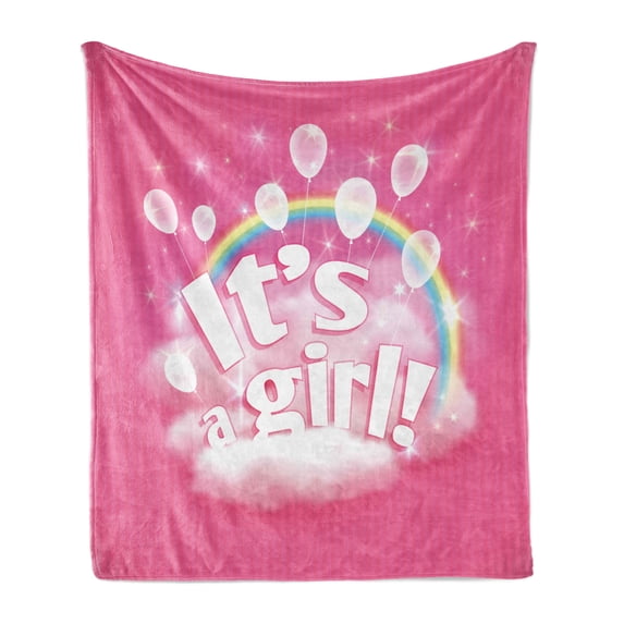 Gender Reveal Soft Flannel Fleece Throw Blanket, Its a Girl Words with Rainbow Balloons and Clouds Happy Baby Kids Birth, Cozy Plush for Indoor and Outdoor Use, 50" x 60", Pale Pink, by Ambesonne