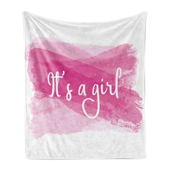 Gender Reveal Soft Flannel Fleece Throw Blanket, Girls Baby Shower Family New Member Style Soft Sketch Print, Cozy Plush for Indoor and Outdoor Use, 60" x 80", Hot Pink and White, by Ambesonne