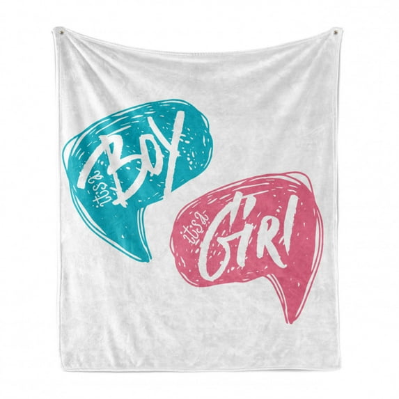 Gender Reveal Soft Flannel Fleece Throw Blanket, Hand Drawn Style Sketch Boy and Girl Letters Toddler Baby Shower Art, Cozy Plush for Indoor and Outdoor Use, 50" x 60", Teal Pink White, by Ambesonne