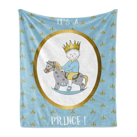 Gender Reveal Soft Flannel Fleece Throw Blanket, It's a Prince Words with a Newborn Boy Riding a Horse Fleur de Lis Motifs, Cozy Plush for Indoor and Outdoor Use, 60" x 80", Multicolor, by Ambesonne