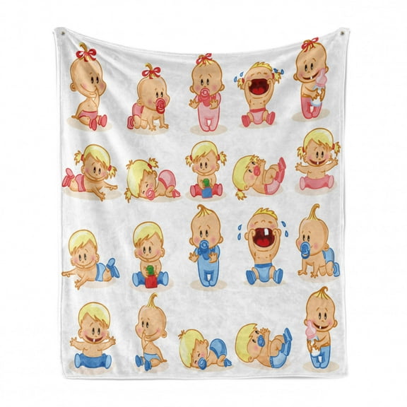 Gender Reveal Soft Flannel Fleece Throw Blanket, Newborn Composition with Various Face Gestures Crying Sleeping and Smiling, Cozy Plush for Indoor and Outdoor Use, 50" x 70", Multicolor, by Ambesonne