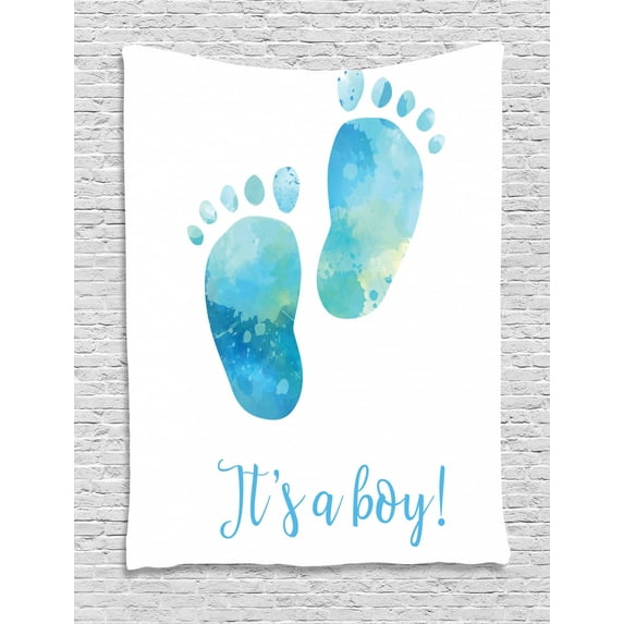 Gender Reveal Tapestry, Watercolor Effect Baby Footprints with Its a Boy Typography Celebration, Wall Hanging for Bedroom Living Room Dorm Decor, 60W X 80L Inches, Multicolor, by Ambesonne