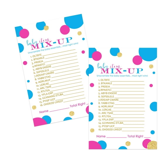 Gender Reveal Word Scramble Party Game Cards (25 Pack) Baby Shower Unscramble Activity Guests Play for Prizes – Pink and Blue - Boy or Girl - Printed Games 4x6 Size Set - Paper Clever Party