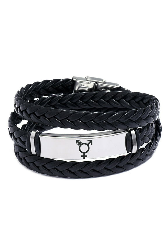 Genderqueer Pride Bracelet Non-Binary Identity Trans Symbol Layered Wrap Leather Bangle Transgender Support Jewelry, Silver