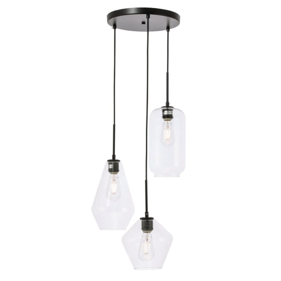 Gene 3 light Black and Clear glass pendant