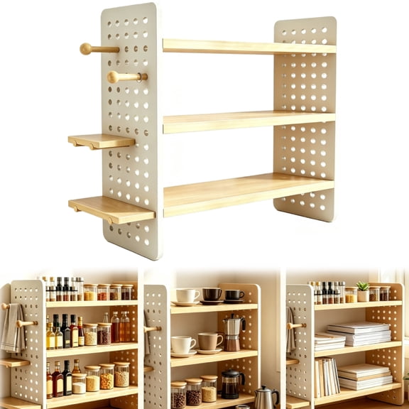 Genelof 3-Tier Wooden Desktop Organizer Bookshelf, 23.6" Tall Spice Jar Storage Rack with Hooks, Dual-Side Pegboard & Adjustable Shelves