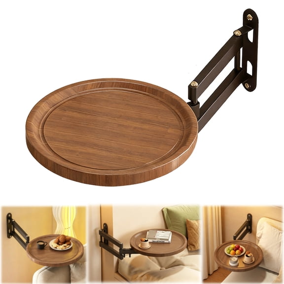 Genelof Folding Round Table 11.8 inches Wooden Coffee Tray Wall Mounted Floating Bedside Shelf with 720°Adjustable Retractable Swing Arm (Walnut Color)