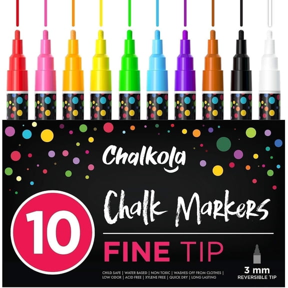 General 10 Fine Tip Liquid Chalk Markers for Blackboard, Chalkboard Signs, Window, Labels, Bistro, Glass, Car (10 Pack 3mm) - Wet Wipe Erasable Ink Chalkboard Markers, 3mm Reversible Tip Chalk Pens