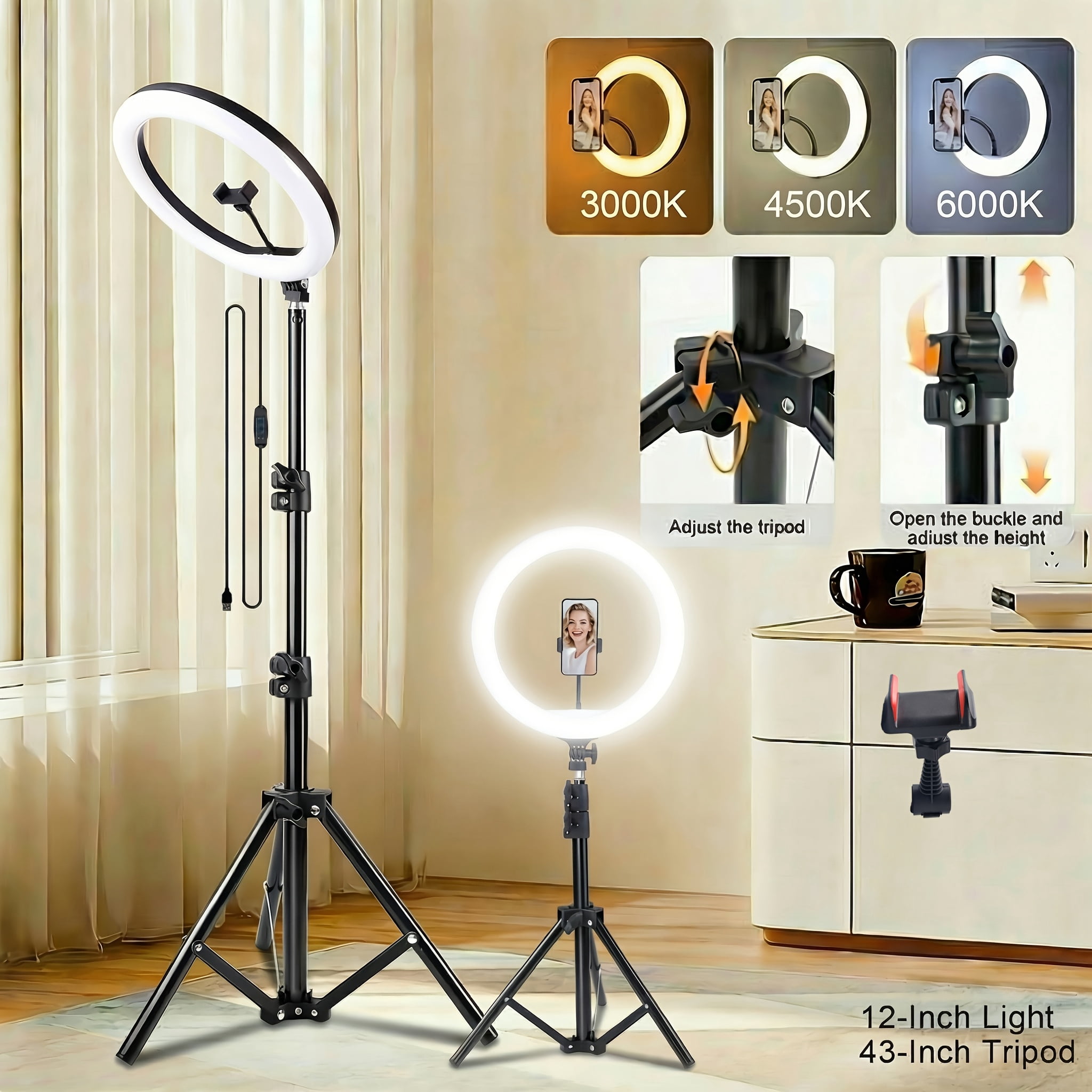 General 12'' Selfie Ring Light with 63/43-Inch Tripod Stand And Phone Holder for Video Recording, Live Streaming, Volog, Compatible with Phones, Cameras And Webcams