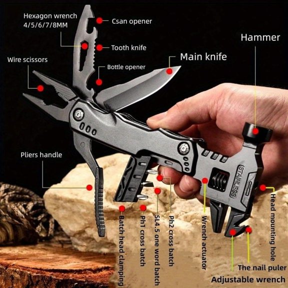 General 16-in-1 Multitool, Compact DIY Survival Tool with Screwdriver Pliers Bottle Opener Knife Adjustable Wrench, Perfect Gift for Dad Boyfriend, Cool Camping Gear Pocket Hammer Multitool