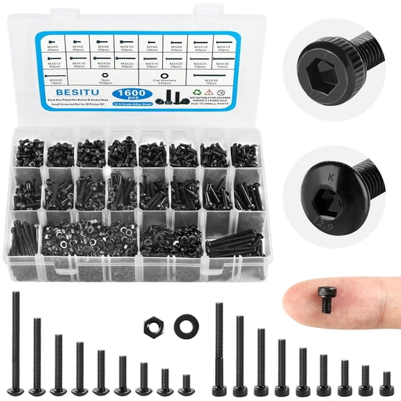 General 1600Pcs M3 Screw Kit, 12.9 Grade Alloy Steel Hex Socket Button & Cap Head Metric Screw Assortment M3 Bolts and Nuts Washers Kit Black Small Machine Screw Set for 3D Printing