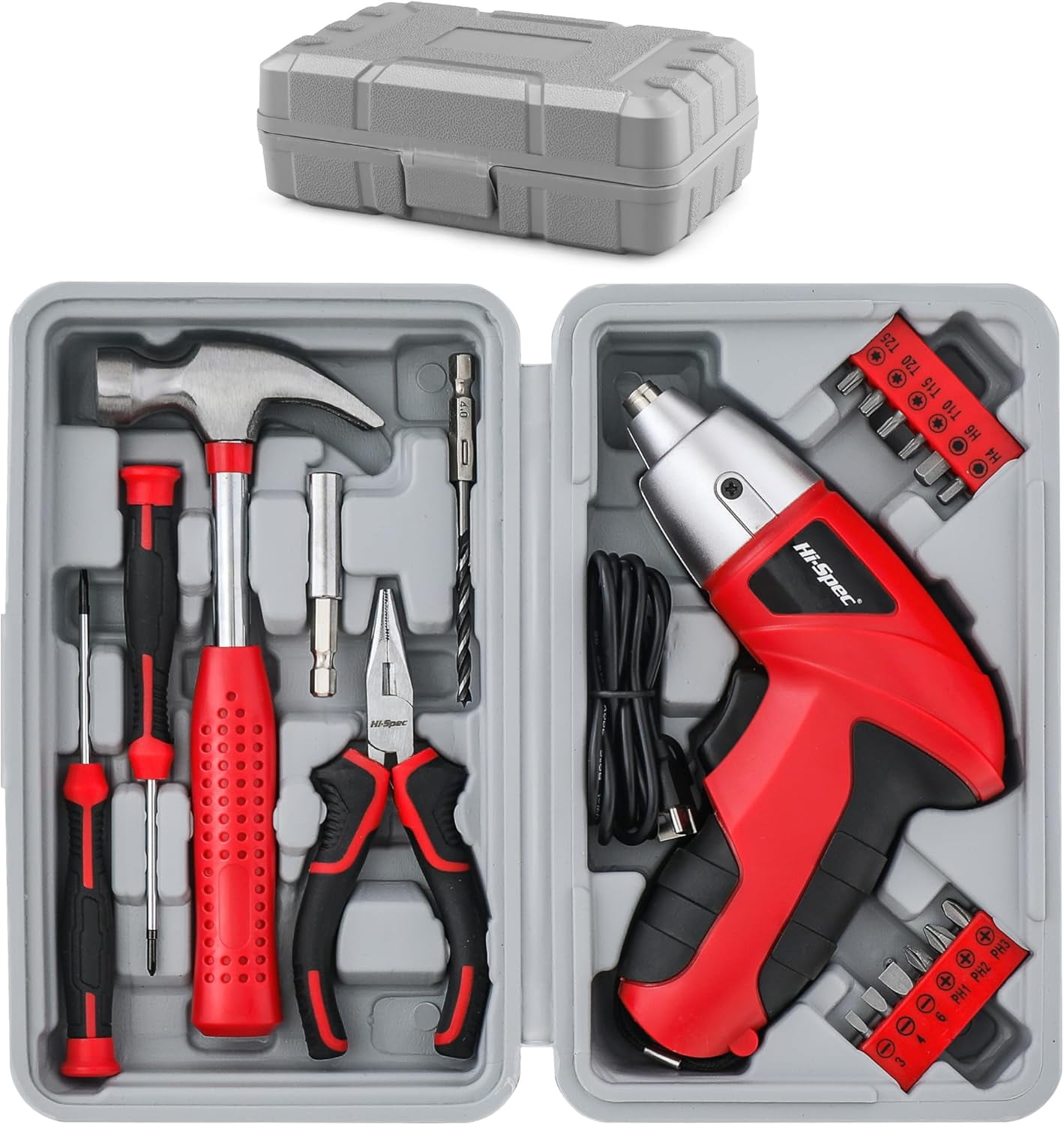General 19pc 3.6V USB Small Power Screwdriver & Home DIY Tool Kit Set. Cordless & Rechargeable Electric Screwdriver and Compact Hand Tool Box Set,Red