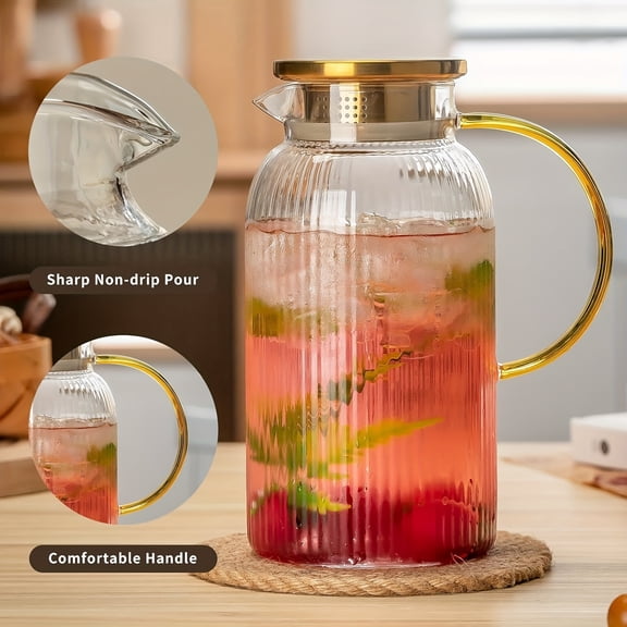 General 2/4 PACK Glass Pitcher With Lid, 68 Oz/ 2 Liter Classic Vertical Stripes Water Pitcher, Glass Water Carafe For Cold Brew, Coffee, Lemonade, Iced Sun Tea, Beverage, Milk, Heat Resistant