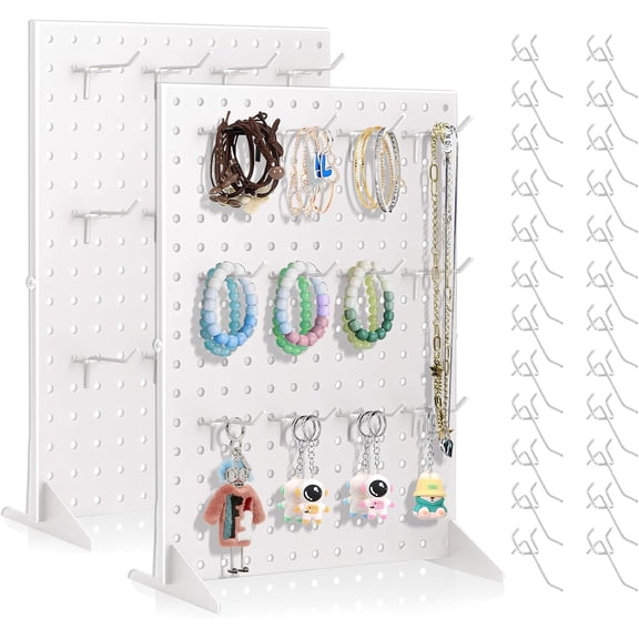 General 2 Pack Peg Board Display Stand for Vendors with 24 Hooks Metal Tabletop Pegboard Display Stand for Craft Shows 17" X 13" Retail Display Racks Peg Board Organizer Holder White