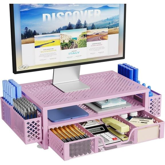 General 2 Tier Metal Monitor Stand Monitor riser and Computer Desk Organizer with Drawer and Pen Holder for Laptop, Computer, iMac, Pink