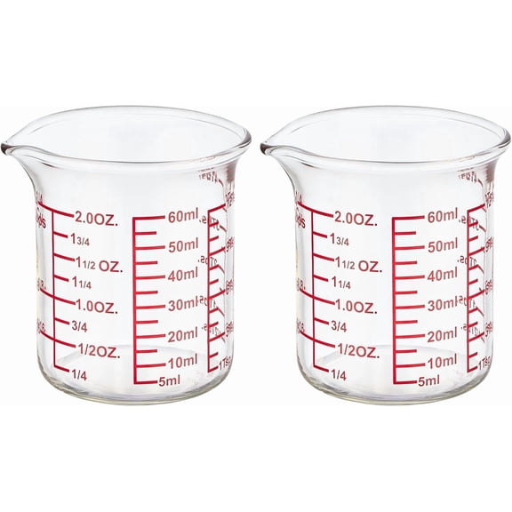 General 2 oz Glass Measuring Cups with V-Shaped Spout, 2 Pack | 5-60 ml range with printed fl oz, tsp, tbsp and cup scales on 3.3 borosilicate glass for kitchen and bar prep