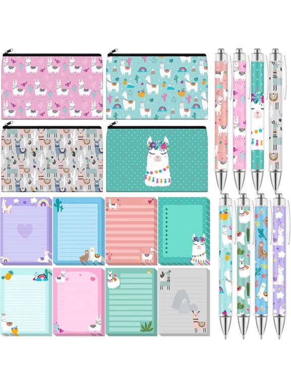 20 Pieces Llama Gift Set Sticky Notes with Llama Pens, Pencil Bags Makeup Bags, 3 x 4 Inches Cute Note Pads, Funny 1.0 mm Ballpoint Pens, Office Supplies for Women Small Gift