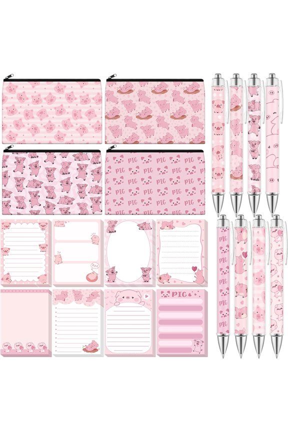 20 Pieces Pink Pig Gift Set Sticky Notes with Piggy Pens, Pencil Bags Makeup Bags, 3 x 4 Inches Cute Note Pads, Funny 1.0 mm Ballpoint Pens, Office Supplies for Women