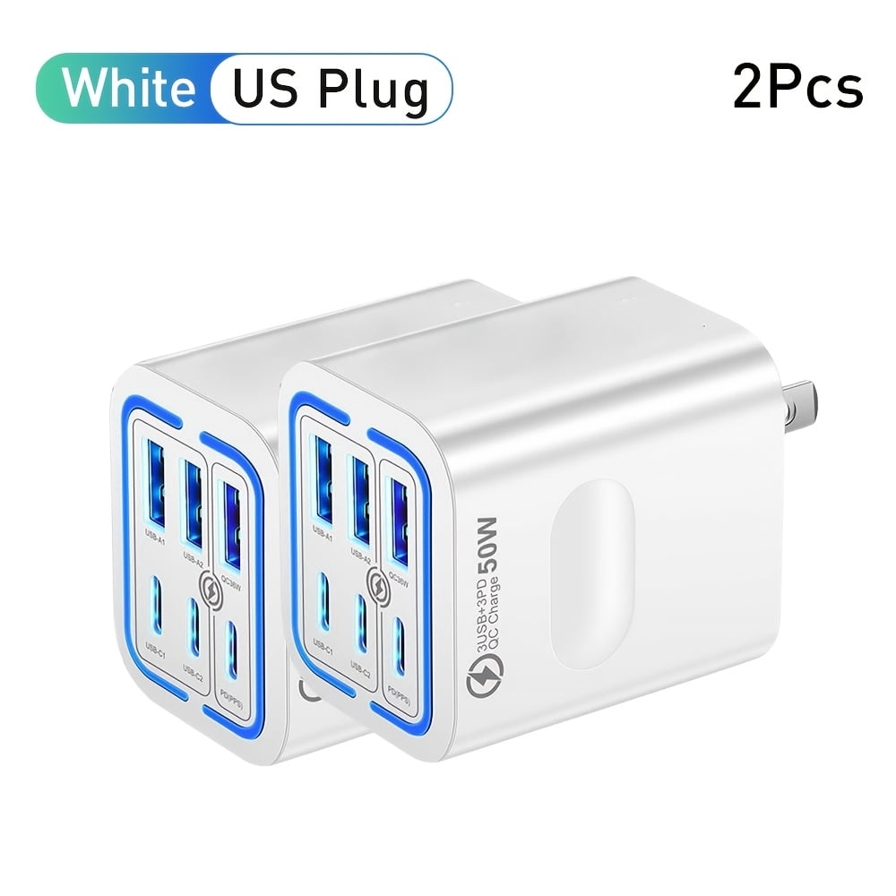 General 2pcs / 5pcs 50W 3 Type-C + 3 USB 6 Ports Mobile Phone Fast Charging Adapter USB Type C QC 3.0 Qiuck Charge Adapter Travel Charger Wall Charger for Iphone 16 Pro Max 15 14 13 12 for Samsung
