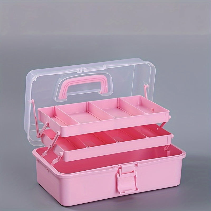 General 3-Layer Multifunctional Craft Storage Box with Adjustable Dividers, Portable Foldable Storage Bin for Art Supplies Tools Medicine, Durable Plastic, Pink/Green/White