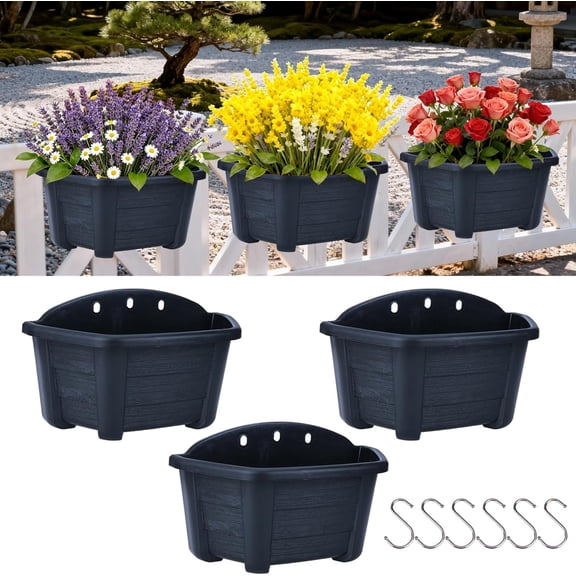 General 3 Pack Hanging Planters for Railing, 9.84 Inch Plastic Window Box with Drain Hole Plug, Indoor Outdoor Flower Pots for Balcony Fence Garden Decor (Black)