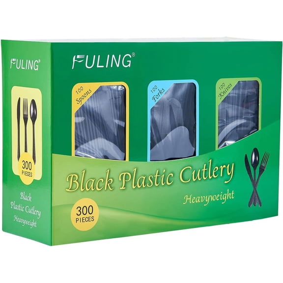 General [300 Combo Box] Black Plastic Forks Spoons Knives Heavyweight Utensils Disposable Silverware Heavy Duty Cutlery Set