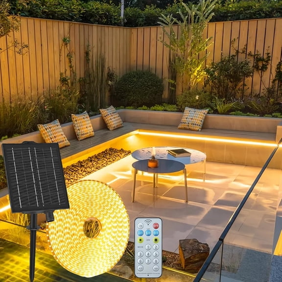 General 32.8ft Solar LED Strip Lights Outdoor, 640 LED, Warm White Flexible Tape Light with Remote Control, Dimmable, 8 Modes, IP68 Waterproof Rope Lights Self-Adhesive for Garden Patio Camping Decor