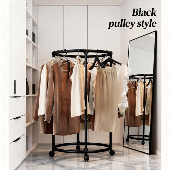 General 360° Rotating Circular Clothes Rack with Wheels, Heavy-Duty Metal Garment Storage & Drying Stand for Balcony, Cloakroom & Retail Display, White