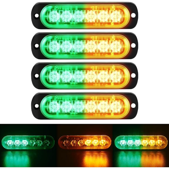 General 4-Pack 6 LED Amber Strobe Lights with Sync Feature for Vehicles Trucks Emergency Warning Hazard Flash Lights Bar Grill Surface Mount Super Bright Waterproof 12V-24V, Amber/Green