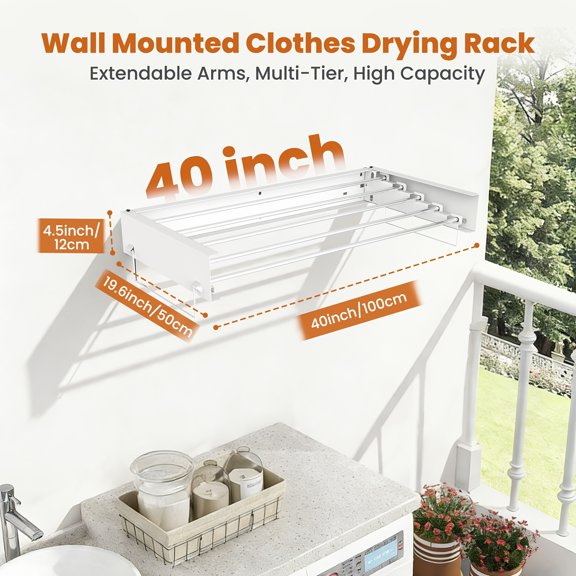 General 40in/32in Invisible Wall Mounted Drying Rack, 5 Rods Retractable Clothes Drying Rack, Folding Organizer Rack for Laundry Room and Home Drying