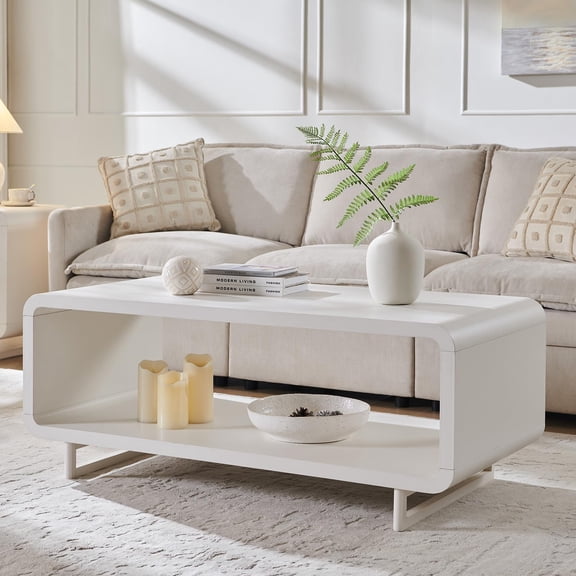 General 48" Modern Coffee Table, 2-Tier Minimalist Center Table with Storage Shelf, Curved Profile Design, Wooden Rectangular Living Room Table w/Wood Thick Design for Living Room, Office, White