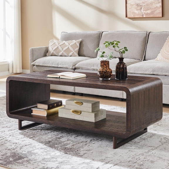 General 48" Modern Coffee Table, 2-Tier Minimalist Center Table with Storage Shelf, Curved Profile Design, Wooden Rectangular Living Room Table w/Wood Thick Design for Living Room, Office, Brown