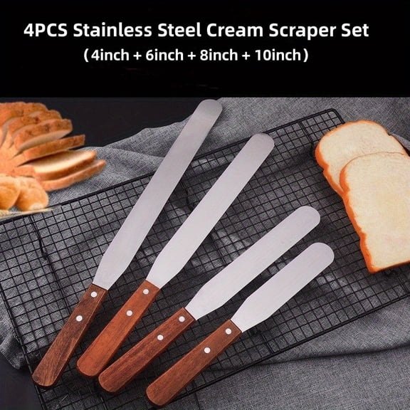 General 4pcs Stainless Steel Curved Palette Knife Set, 4/6/8/10 Inch Cake Cream Scraper Kit, Professional Frost Spatula for Pastry Baking, for Cheese Butter & Cake Decoration