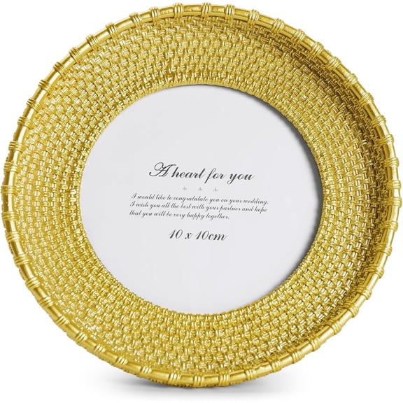 General 4x4 Round Picture Frame Gold, Vintage Woven Rattan Textured Circle Photo Frame with Real Glass Front, Small Decorative Frame for Tabletop Display or Wall Hanging, Gold Home Decor