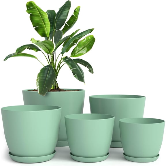 General 5 Pack Mint Plastic Indoor Plant Pots with Drainage Holes, Assorted Sizes 7/6.6/6/5.3/4.8 Inch Flower Planters for Succulents, Cactus and Indoor Plants