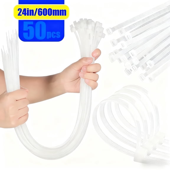 General 50-Pack 24-Inch Heavy-Duty Self-Locking Cable Ties, White Nylon Zip Ties for Home, Auto & Outdoor Use