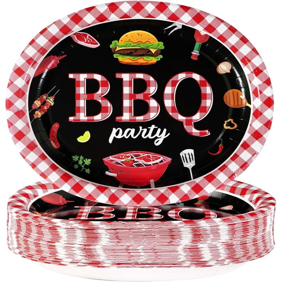 General 50 Pcs BBQ Birthday Party Supplies 10" × 12" Large Red Gingham and Black BBQ Oval Paper Plates Disposable Heavy Duty BBQ Party Plates for Picnic Barbecue Baby Shower Birthday Decorations