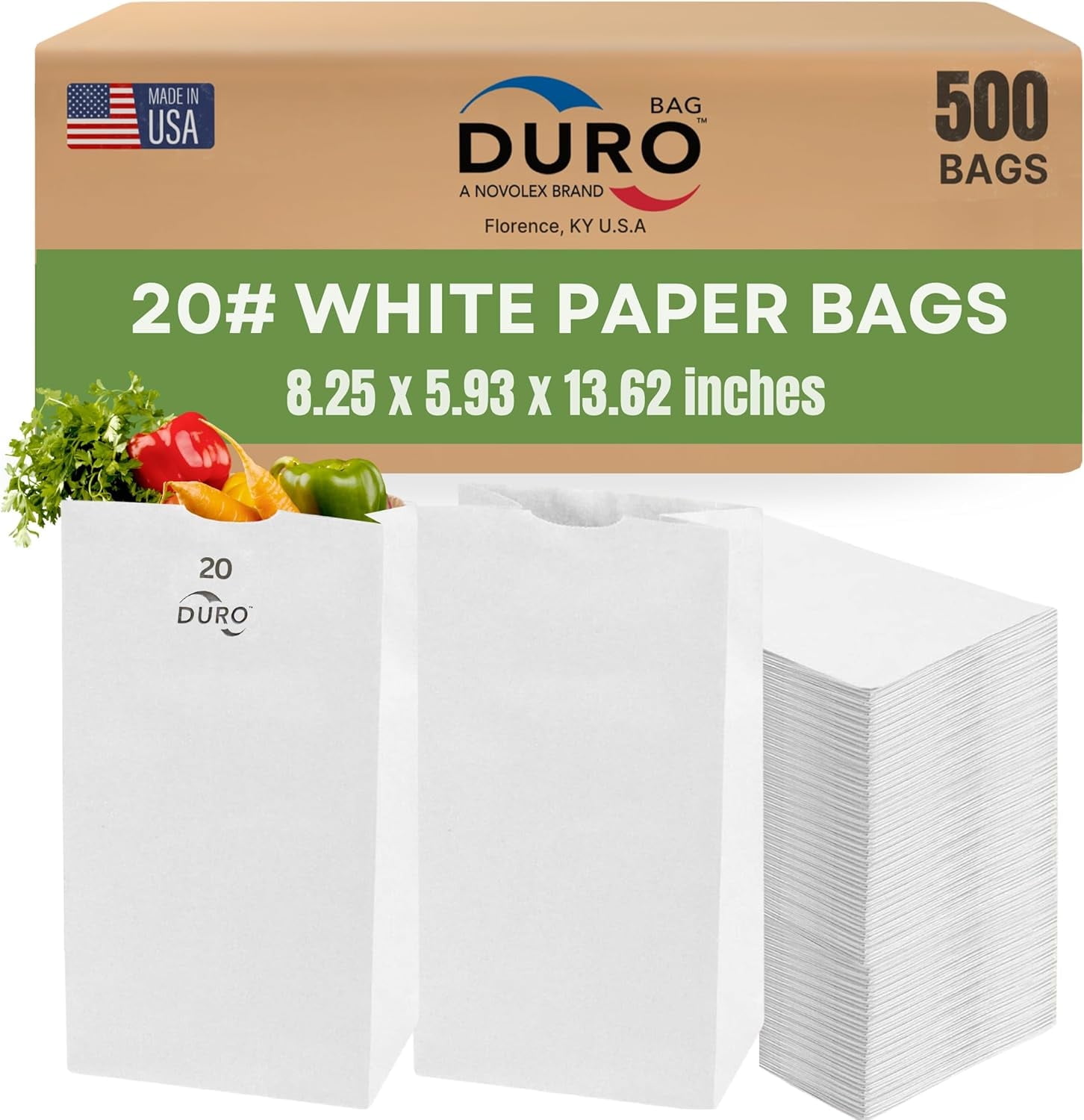 DURO 20# Large White Paper Bags Bulk, 500-Count, 8.25x5.93x13.62 Inches