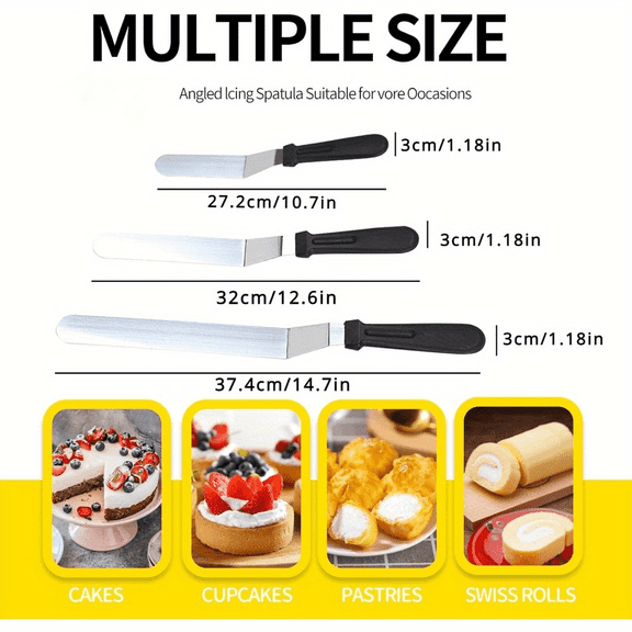 General 6/8/10 Inch Tilted Frosting Scraper, Stainless Steel Curved Offset Blade, Lightweight Plastic Handle, Professional Cake & Ice Cream Scraper, Kitchen Addition
