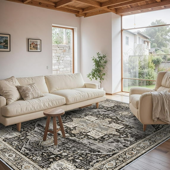 General 6x9 Area Rug Washable - Living Room Rugs with Non Slip Backing Ultra Soft Stain Resistant Bedroom Dining Room Carpet Indoor Distressed Home Decor Mat for Bathroom 6x9 Black